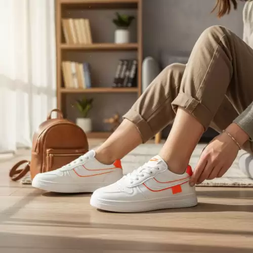 Adidasi dama casual albi cu portocaliu 7906 T7-4