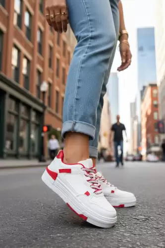 Adidasi dama casual albi cu rosu  8002  T3-3