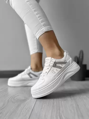 Adidasi dama casual cu talpa inalta  albi cu gri CL2331 T13-3