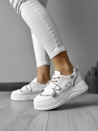 Adidasi dama casual cu talpa inalta  albi cu gri CL2333   T7-1