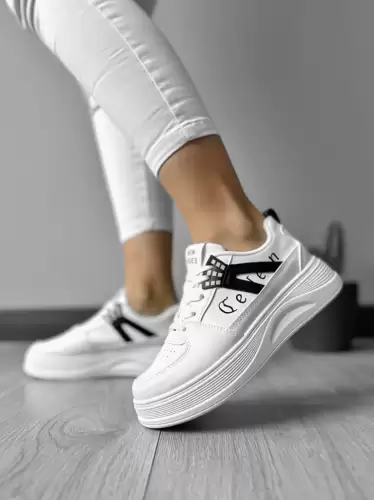 Adidasi dama casual cu talpa inalta  albi cu negru CL2331 T13-3