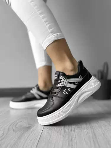 Adidasi dama casual cu talpa inalta  negri cu alb  CL2331 T13-3