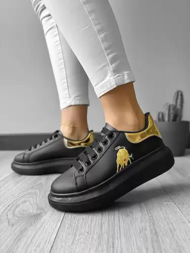 Adidasi dama casual negri cu imprimeu auriu FCL805  T6-2