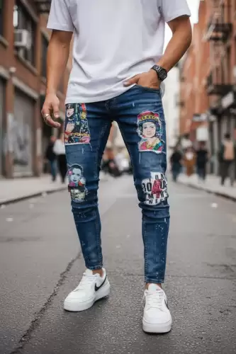 Blugi barbati conici albasatri cu stikere 1446 H3-5