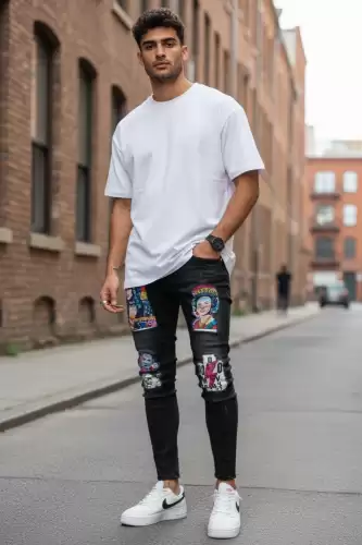 Blugi barbati conici negri cu stikere 1452 G4-3*