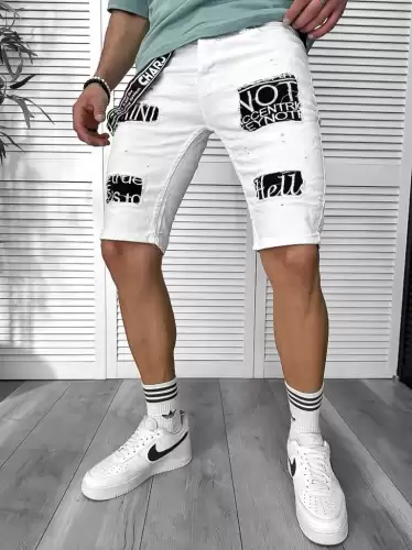 Blugi barbati scurti conici albi  cu stikere 4600 G6-5