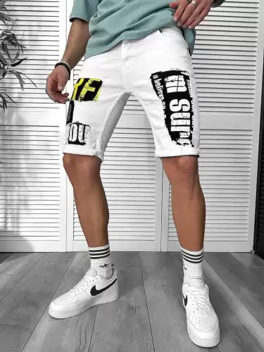 Blugi barbati scurti conici albi  cu stikere  4601 D4-1.1