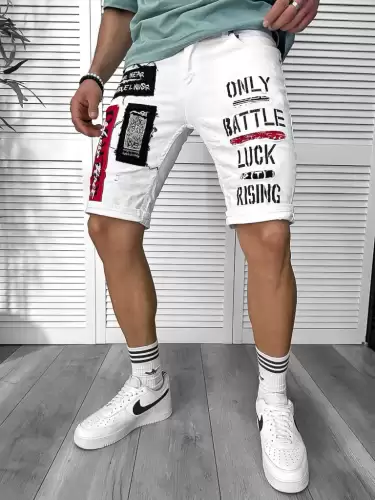 Blugi barbati scurti conici albi cu stikere 4602 H3-3