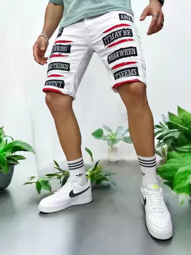 Blugi barbati scurti conici albi  cu stikere  4603  D4-4.4