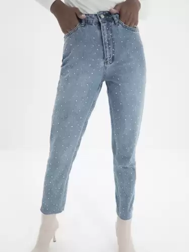 Blugi dama momfit cu strasuri