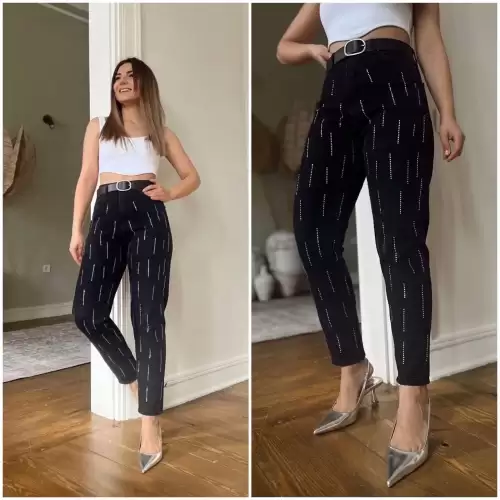 Blugi negri dama cu strasuri si talie inalta