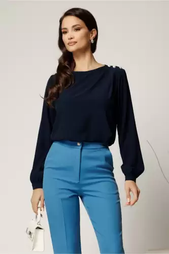 Bluza bleumarin eleganta din voal cu perle pe umar