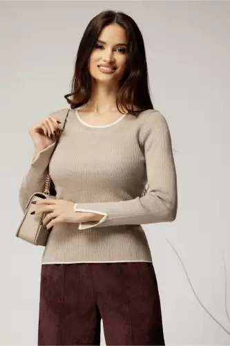 Bluza casual bej din tricot cu dunga ivory