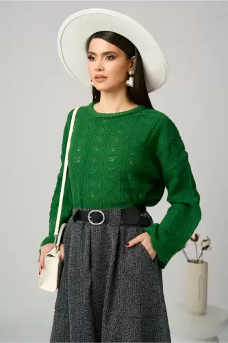 Bluza casual din tricot verde cu decupaje