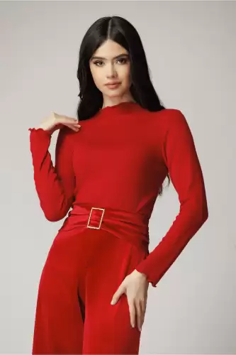 Bluza casual din viscoza rosie cu guler incretit