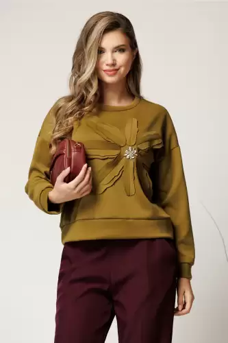 Bluza casual galben mustar cu floare maxi si strasuri