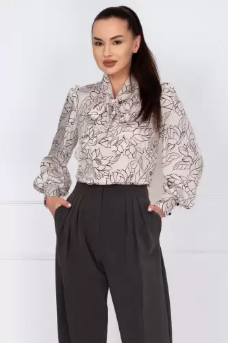 Bluza dama alba cu imprimeu floral si guler tip esarfa