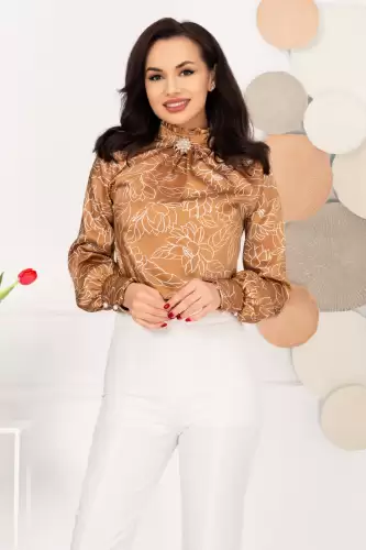 Bluza dama eleganta InPuff maro cu flori de nufar
