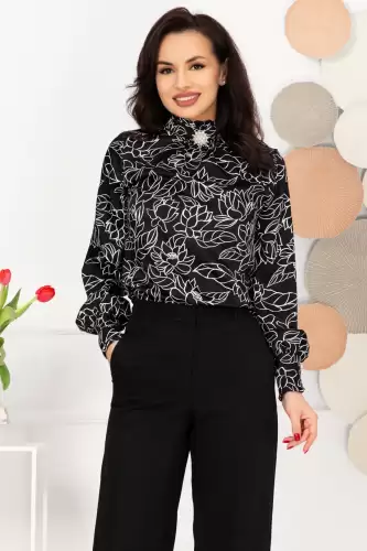 Bluza dama eleganta InPuff neagra cu flori de nufar