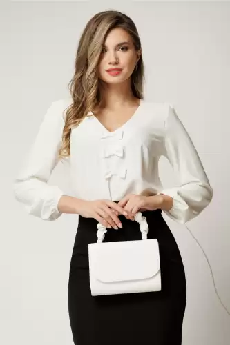 Bluza DY Fashion alba office din voal plin cu funde pe bust