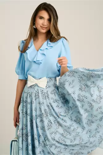 Bluza DY Fashion bleu din voal cu volanas