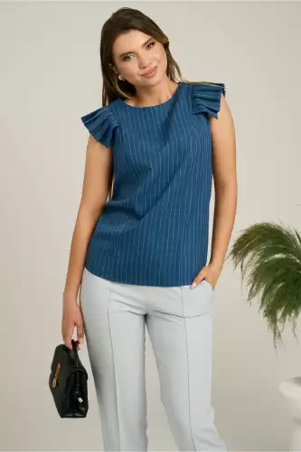 Bluza DY Fashion casual din panza bleumarin cu dungi si maneci plisate