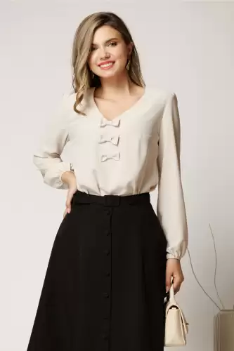 Bluza DY Fashion crem office din voal plin cu funde pe bust