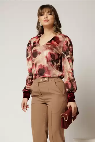 Bluza DY Fashion din catifea cu imprimeu grena si decolteu in V