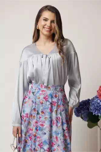 Bluza DY Fashion eleganta din satin gri cu funda si pliuri