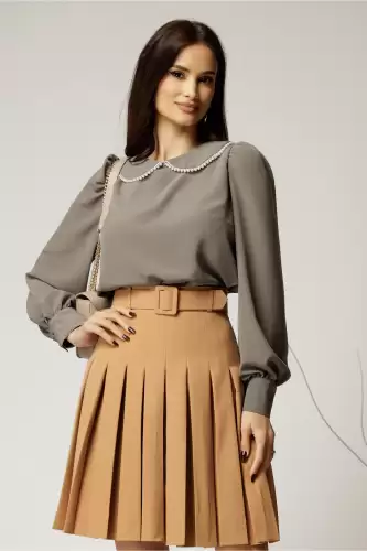 Bluza DY Fashion eleganta din triplu voal gri cu detalii perlate la guler