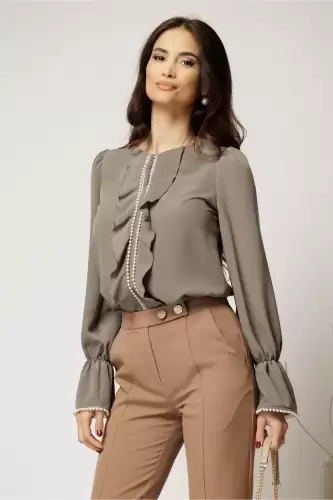 Bluza DY Fashion gri cu volanase si perle elegante din voal plin