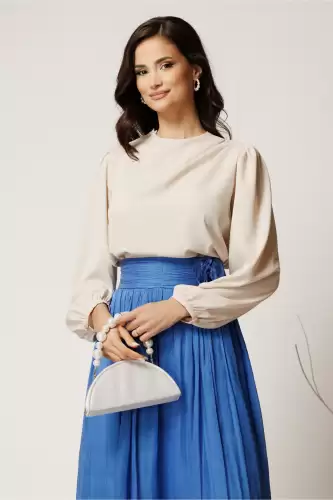 Bluza DY Fashion ivory din triplu voal cu pliuri pe umar