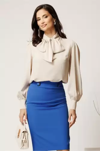 Bluza DY Fashion lejera bej din triplu voal cu guler tip esarfa