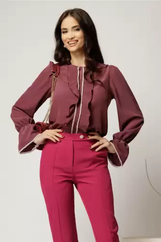 Bluza DY Fashion mov pruna cu volanase si perle elegante din voal plin