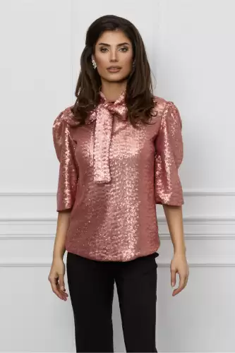 Bluza Dy Fashion rose din paiete cu funda la guler