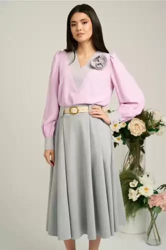 Bluza Dy Fashion roz cu decolteu in V si detaliu la bust