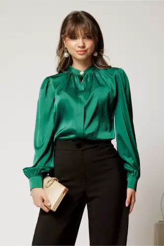 Bluza DY Fashion verde din satin cu guler tunica si nasture elegant