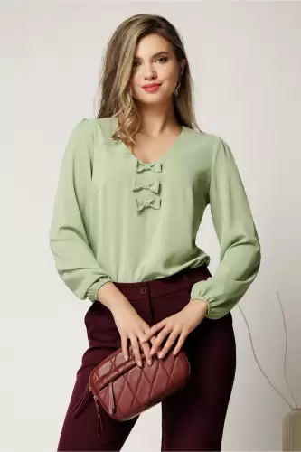 Bluza DY Fashion verde mint office din voal plin cu funde pe bust