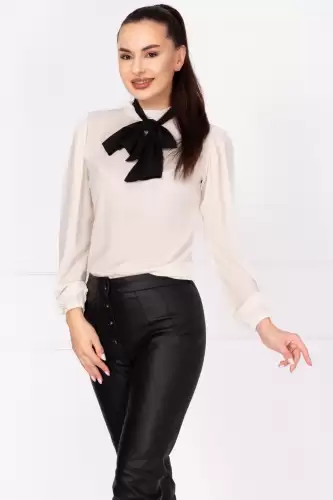 Bluza eleganta alba din voal InPuff cu guler tip esarfa