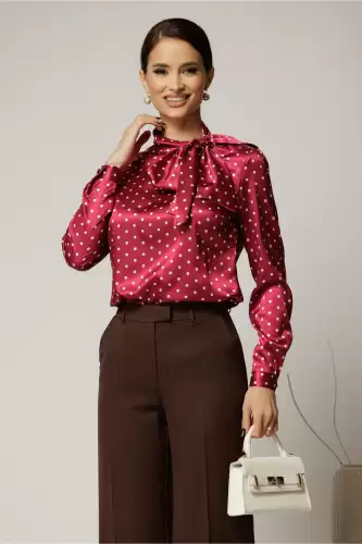 Bluza eleganta bordo din satin cu buline