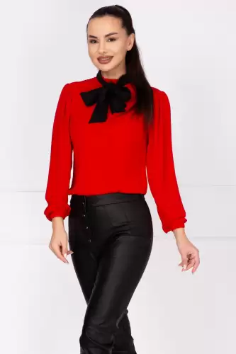 Bluza eleganta rosie din voal InPuff cu guler tip esarfa