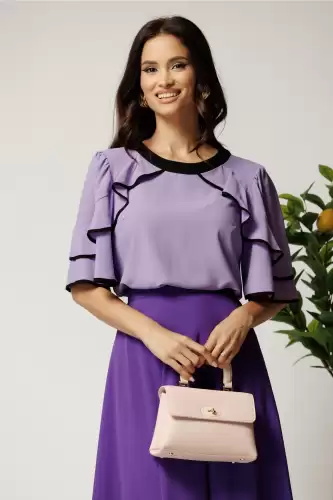 Bluza lila din viscoza cu volane la maneci