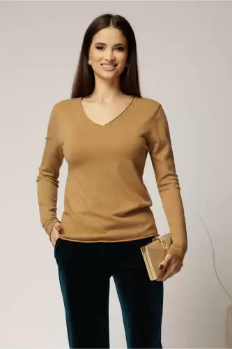 Bluza maro camel din tricot cu decolteu in V si fir lurex
