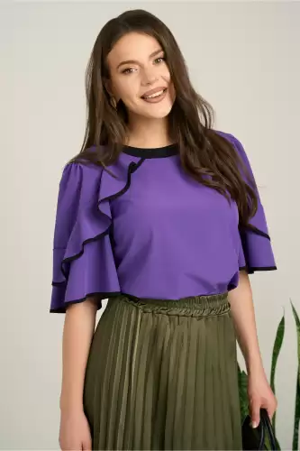 Bluza mov din viscoza cu volane la maneci