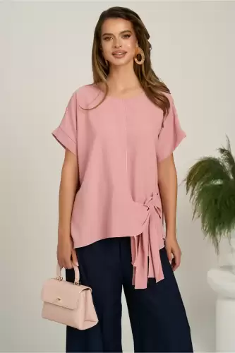 Bluza roz din viscoza oversized cu funda in talie