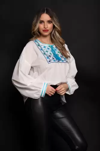 Bluza tip ie din bumbac cu broderie bleu