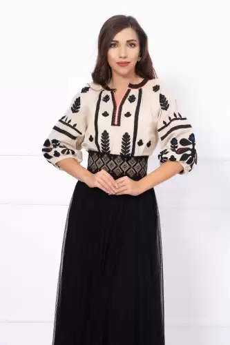 Bluza traditionala bej din in cu broderie florala
