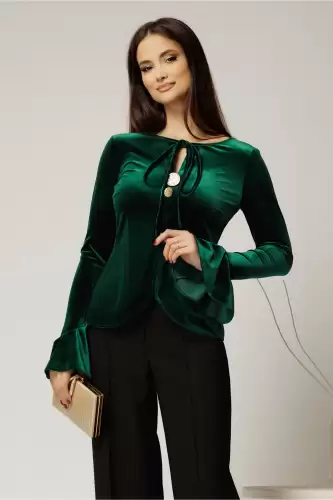 Bluza verde din catifea cu maneci clopot snur si nasturi la decolteu