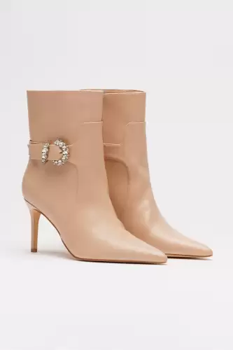 Botine beige din piele ecologica cu toc subtire si accesoriu