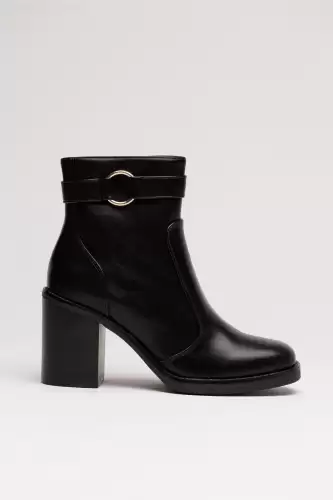 Botine negre din piele ecologica de dama cu toc patrat si catarama